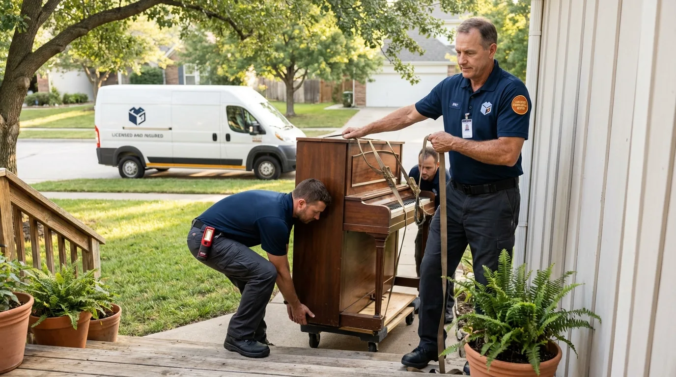 Licensed piano movers securing grand piano in Glassboro, NJ