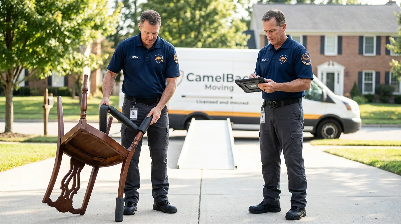 Movers inspecting furniture for damage prevention before loading in Glassboro, NJ