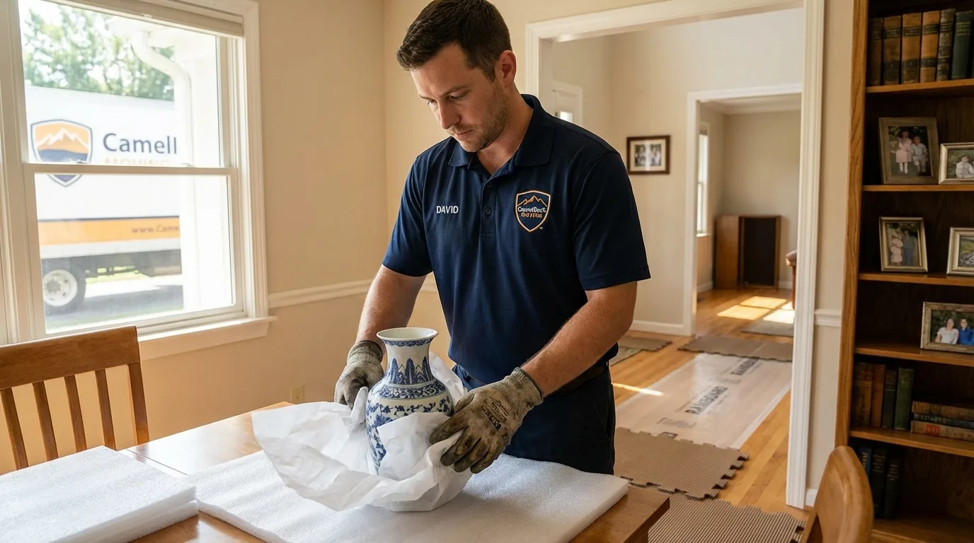 Professional crew carefully wrapping antique vase for senior downsizing move in Glassboro, NJ